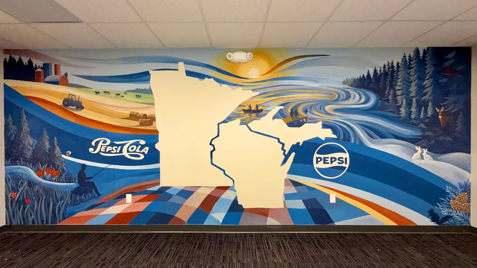 PepsiCo mural mapping the upper-Midwest marketplace across Minnesota and Wisconsin, from farm country to north-woods lakes.